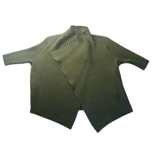 READ Eileen Fisher Ribbed Cardigan Petite S Merino‎ Wool Olive Green Open Hole